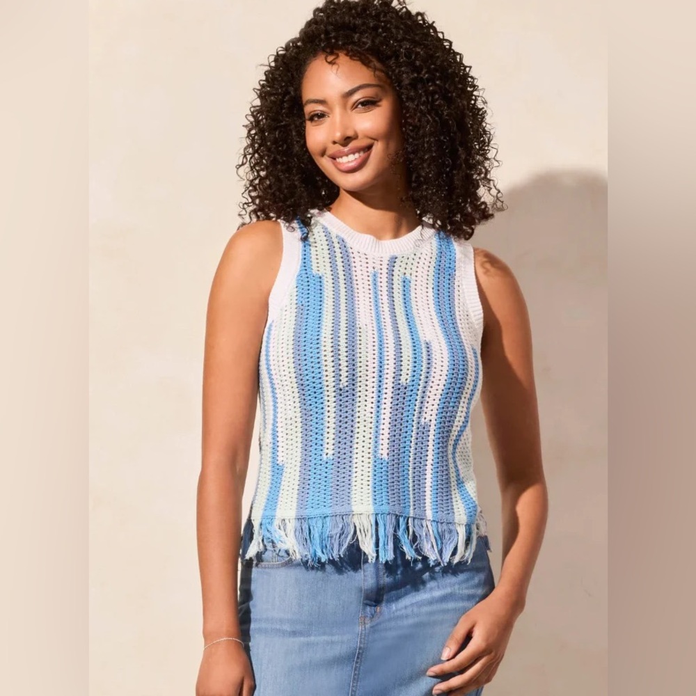 NWT Boutique Tribal Fringe Cotton Sleeveless Pullover Sweater Small Coastal‎